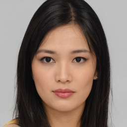 Neutral asian young-adult female with long  brown hair and brown eyes