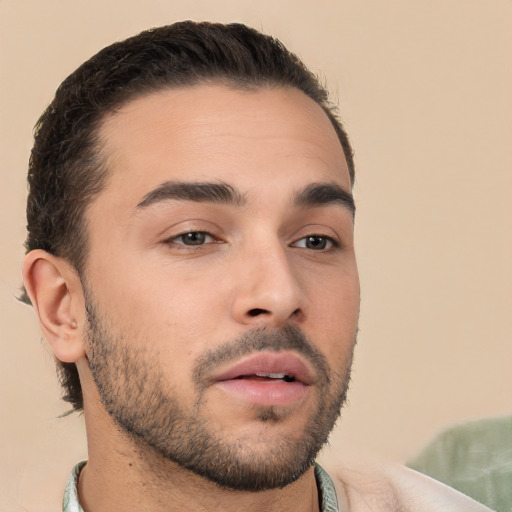 Neutral white young-adult male with short  brown hair and brown eyes