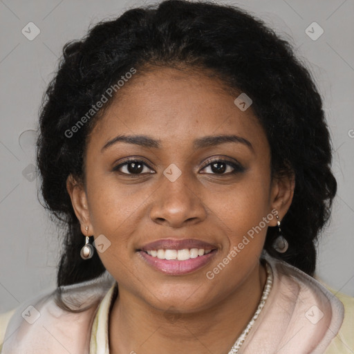 Joyful black young-adult female with long  brown hair and brown eyes