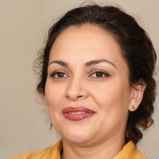 Joyful white adult female with medium  brown hair and brown eyes