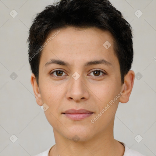 Joyful white young-adult female with short  brown hair and brown eyes