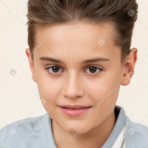 Joyful white child female with short  brown hair and brown eyes