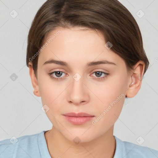 Neutral white young-adult female with short  brown hair and brown eyes