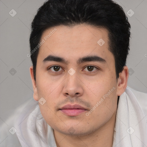 Neutral latino young-adult male with short  black hair and brown eyes