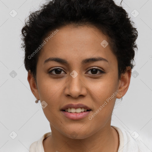 Joyful latino young-adult female with short  brown hair and brown eyes