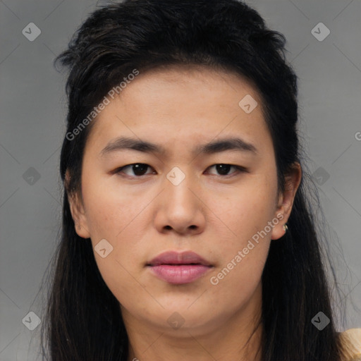 Neutral asian young-adult female with long  brown hair and brown eyes