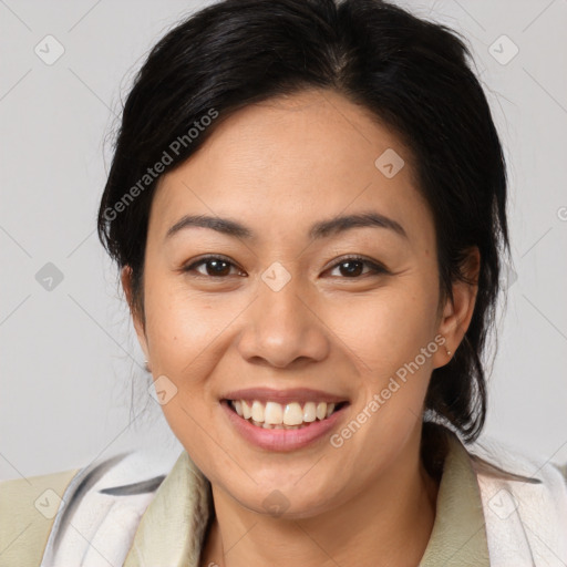 Joyful white young-adult female with medium  brown hair and brown eyes