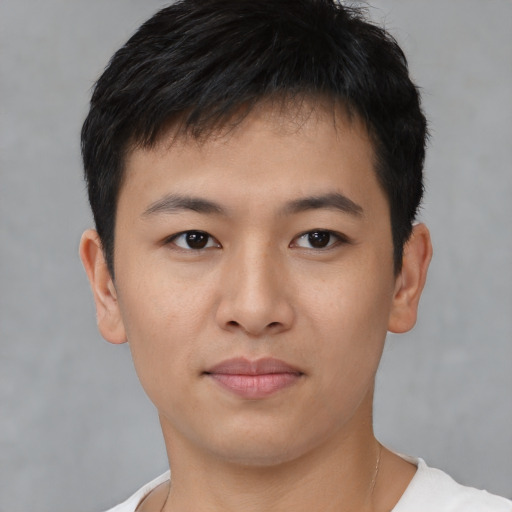 Neutral asian young-adult male with short  brown hair and brown eyes