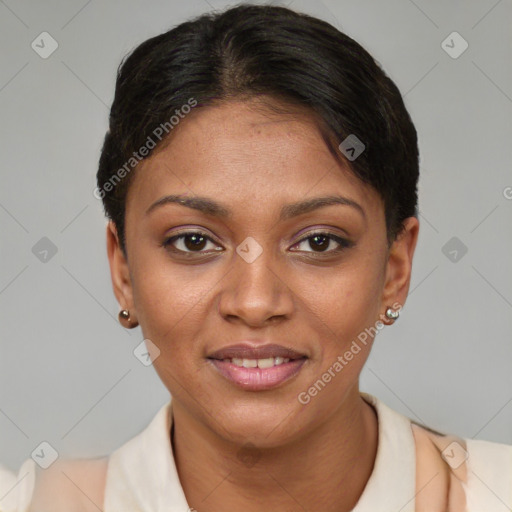 Joyful black young-adult female with short  brown hair and brown eyes