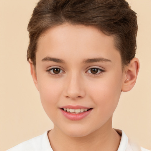 Joyful white child female with short  brown hair and brown eyes