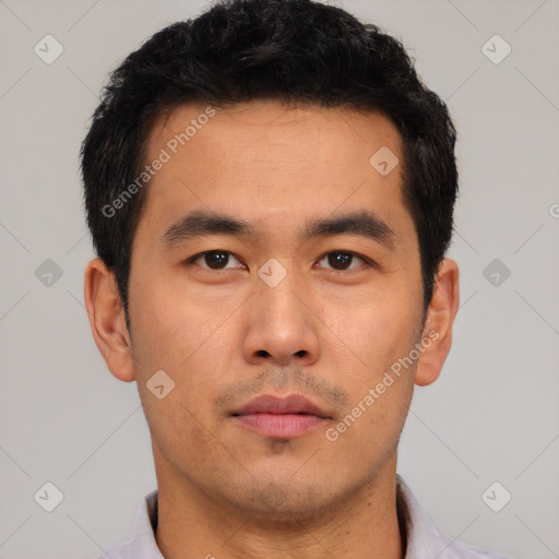 Neutral asian young-adult male with short  black hair and brown eyes