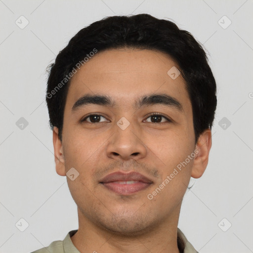 Neutral latino young-adult male with short  black hair and brown eyes