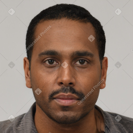 Neutral black young-adult male with short  black hair and brown eyes