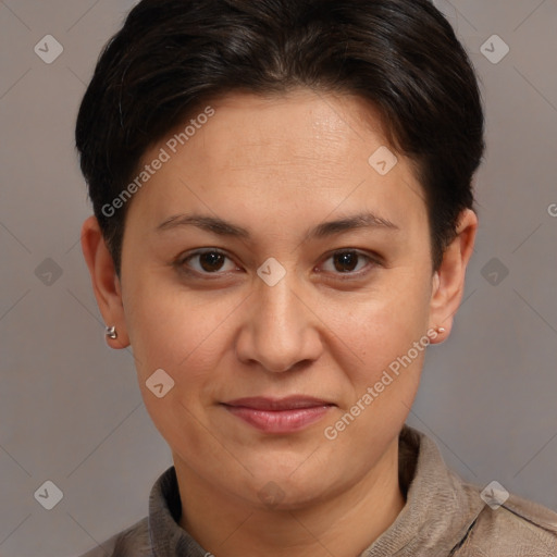 Joyful white adult female with short  brown hair and brown eyes