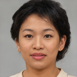 Joyful asian young-adult female with short  brown hair and brown eyes