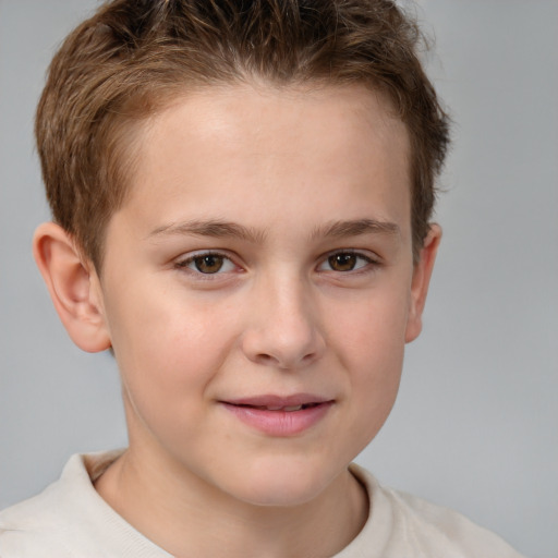 Joyful white child female with short  brown hair and brown eyes