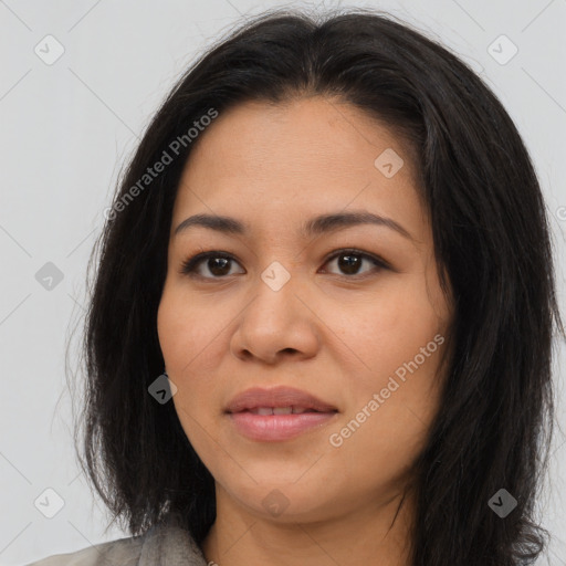 Joyful asian young-adult female with long  brown hair and brown eyes