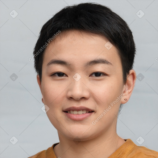 Joyful asian young-adult female with short  black hair and brown eyes