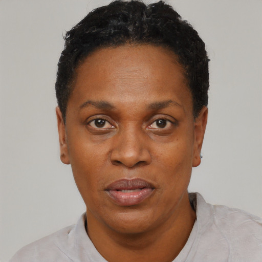 Neutral black adult female with short  black hair and brown eyes