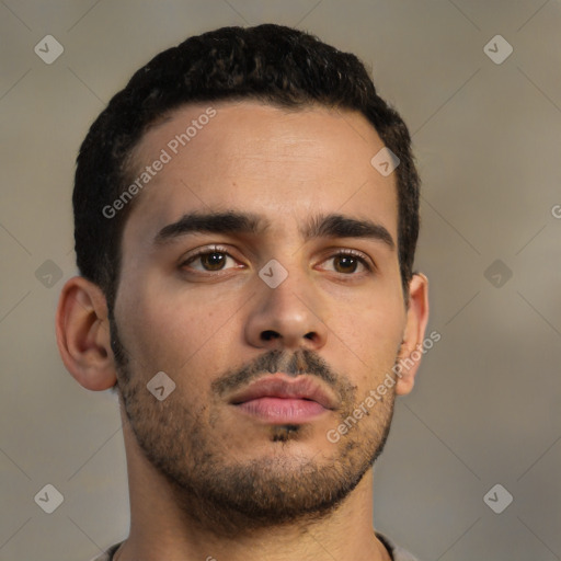 Neutral latino young-adult male with short  brown hair and brown eyes