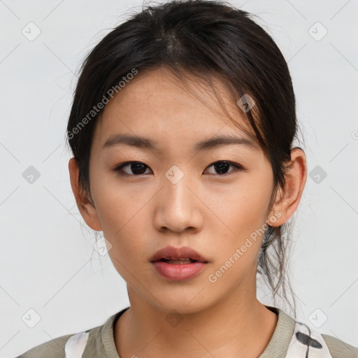 Neutral asian young-adult female with short  brown hair and brown eyes