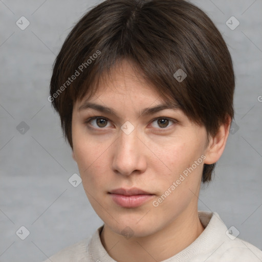 Neutral white young-adult female with medium  brown hair and brown eyes