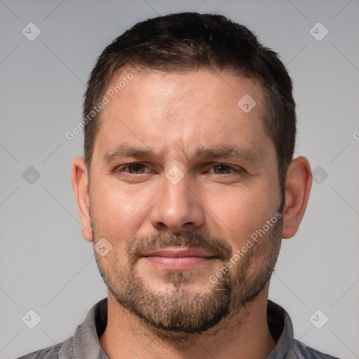 Neutral white adult male with short  brown hair and brown eyes