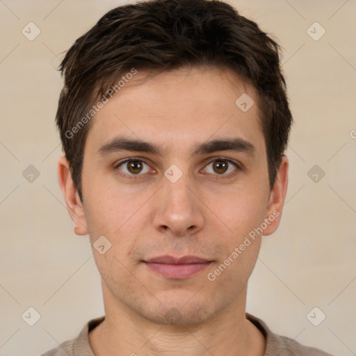 Neutral white young-adult male with short  brown hair and brown eyes