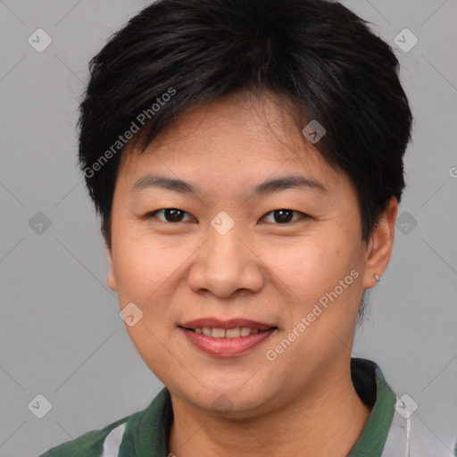 Joyful asian young-adult female with short  brown hair and brown eyes