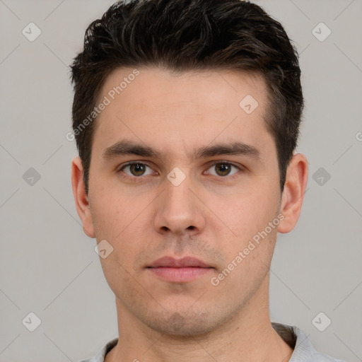 Neutral white young-adult male with short  brown hair and brown eyes