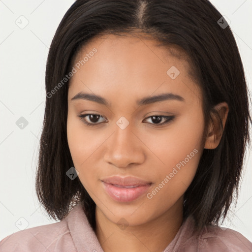 Joyful latino young-adult female with long  brown hair and brown eyes