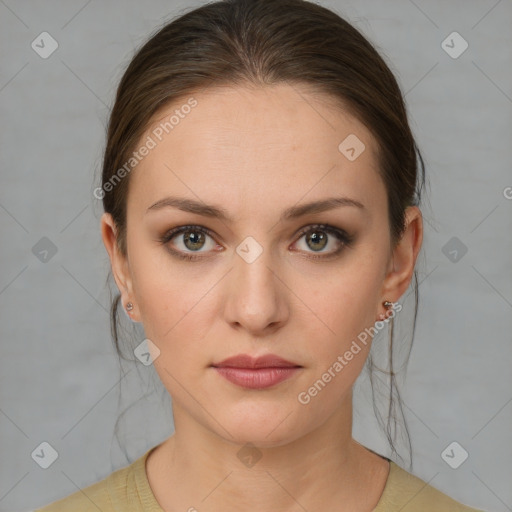 Neutral white young-adult female with medium  brown hair and brown eyes