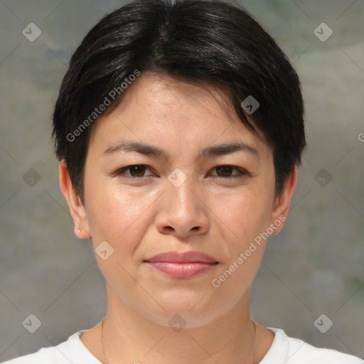 Joyful white adult female with short  brown hair and brown eyes