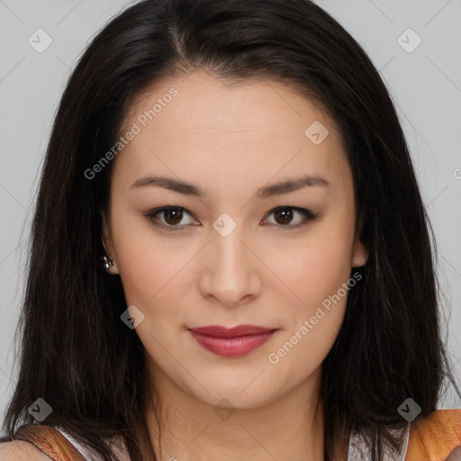 Joyful asian young-adult female with long  brown hair and brown eyes