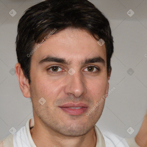 Joyful white young-adult male with short  brown hair and brown eyes