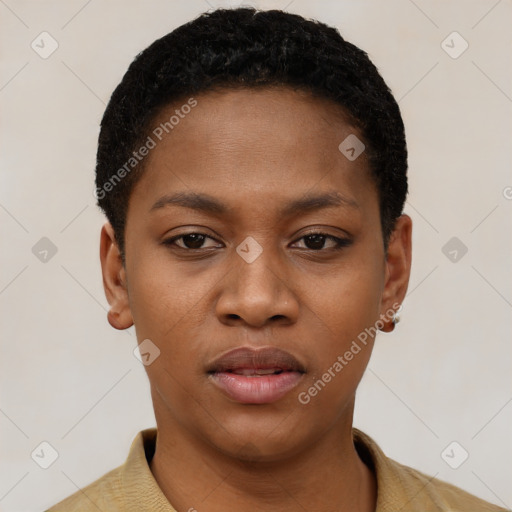 Neutral black young-adult female with short  black hair and brown eyes