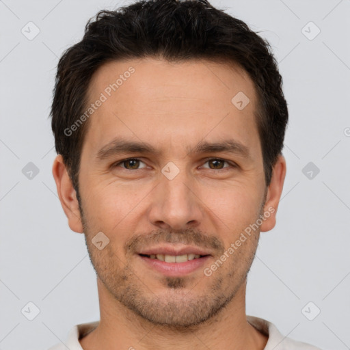 Joyful white young-adult male with short  brown hair and brown eyes