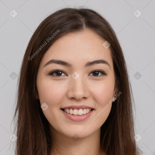 Joyful white young-adult female with long  brown hair and brown eyes