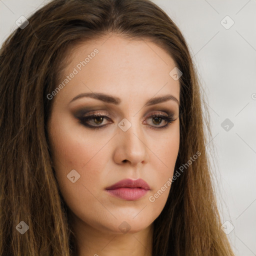 Neutral white young-adult female with long  brown hair and brown eyes