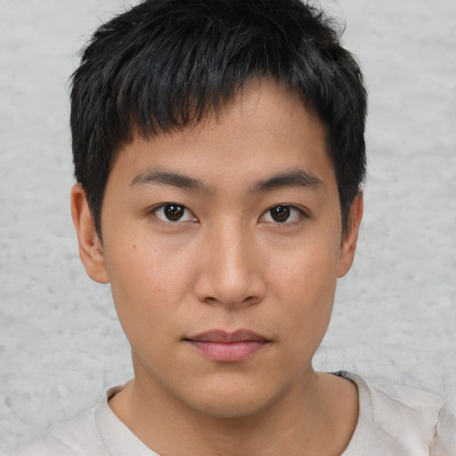 Neutral asian young-adult male with short  brown hair and brown eyes