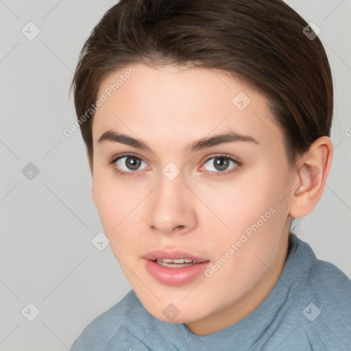 Neutral white young-adult female with short  brown hair and brown eyes