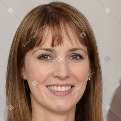 Joyful white young-adult female with long  brown hair and grey eyes