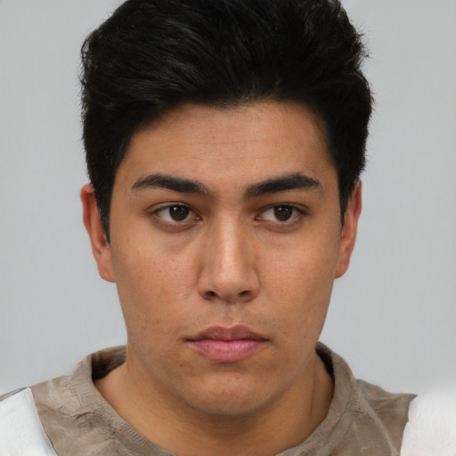 Neutral asian young-adult male with short  black hair and brown eyes