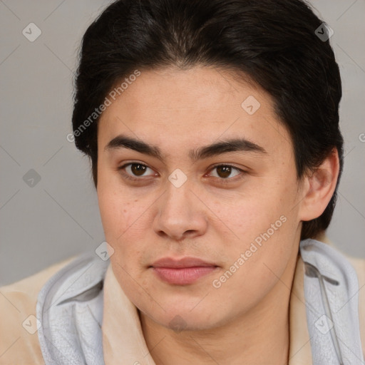 Joyful white young-adult male with medium  brown hair and brown eyes