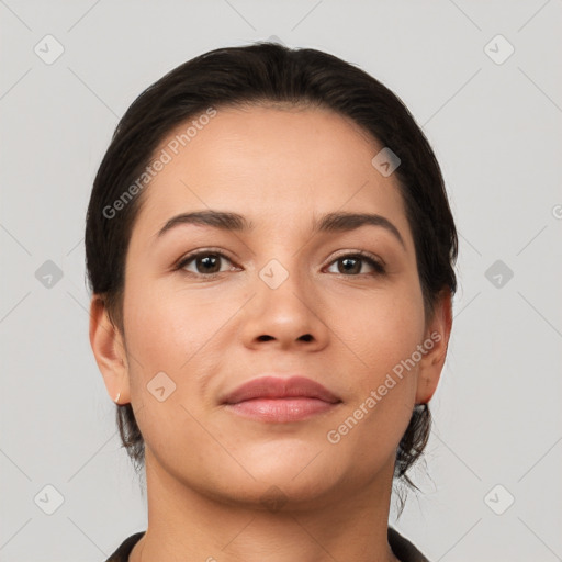 Neutral white young-adult female with medium  brown hair and brown eyes