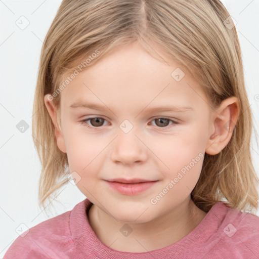 Joyful white child female with medium  brown hair and grey eyes