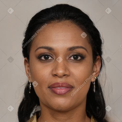 Joyful black young-adult female with medium  brown hair and brown eyes