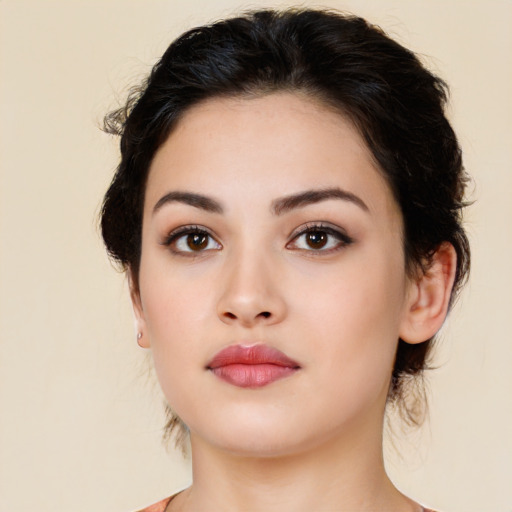 Neutral white young-adult female with medium  brown hair and brown eyes
