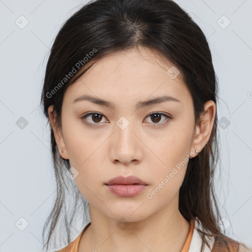 Neutral white young-adult female with medium  brown hair and brown eyes