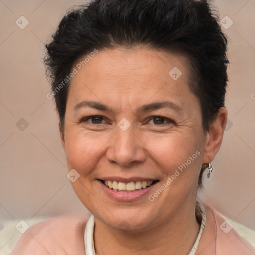 Joyful white adult female with short  brown hair and brown eyes